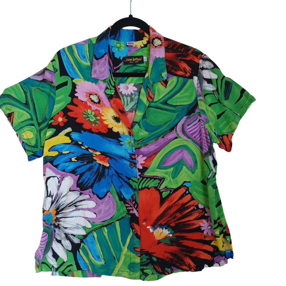 Jams World Flower Vibes Floral Button Down Shirt Womens Large Tropical Hawaiian